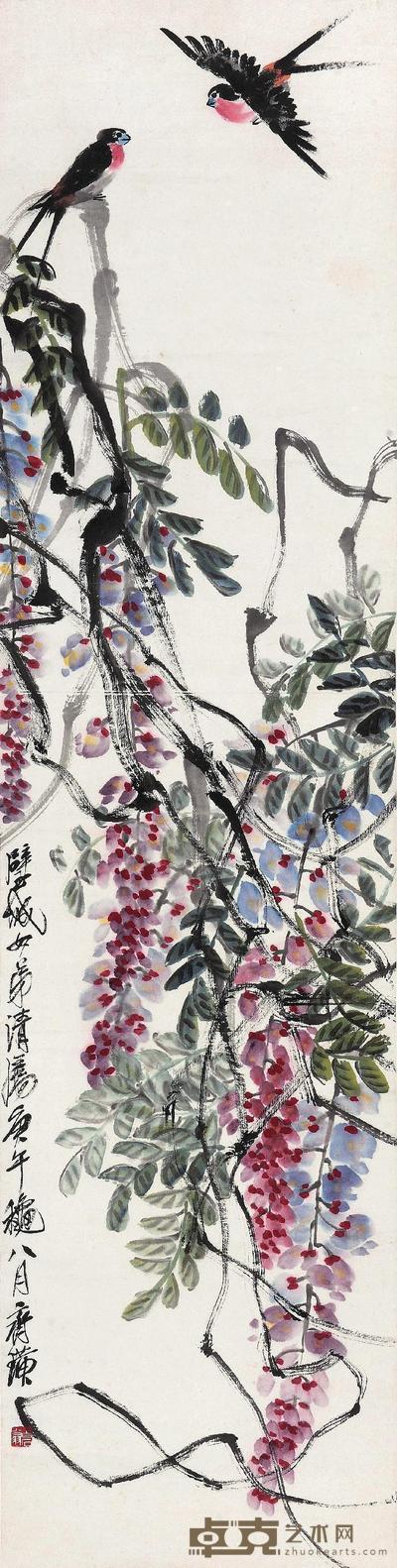 齐白石 1930年作 紫藤燕子 立轴 137×35cm