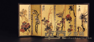 吴昌硕 1917年作 花卉 六屏屏风 107×42cm×6
