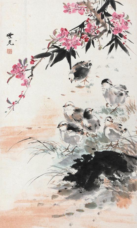 田世光 桃花小鸡 立轴