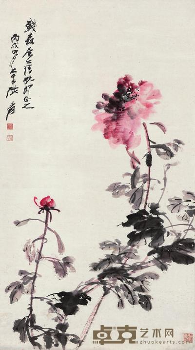 张大千 1946年作 富贵牡丹 立轴 113×63cm
