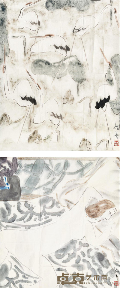 杨福音 人物花鸟 （二帧） 镜心 花95×77cm；人95×89cm