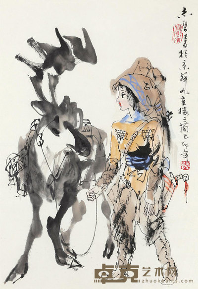 于志学 少女与鹿 镜框 68×45cm