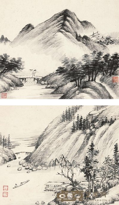 戴熙 河池晓景 （两帧） 镱心 23×27cm