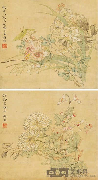 顾韶 花鸟 (两帧) 镜心 23×25cm