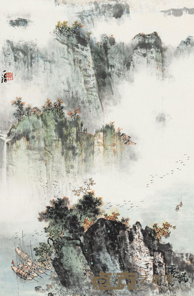 陶一清 峡江待渡图 立轴 68×45cm