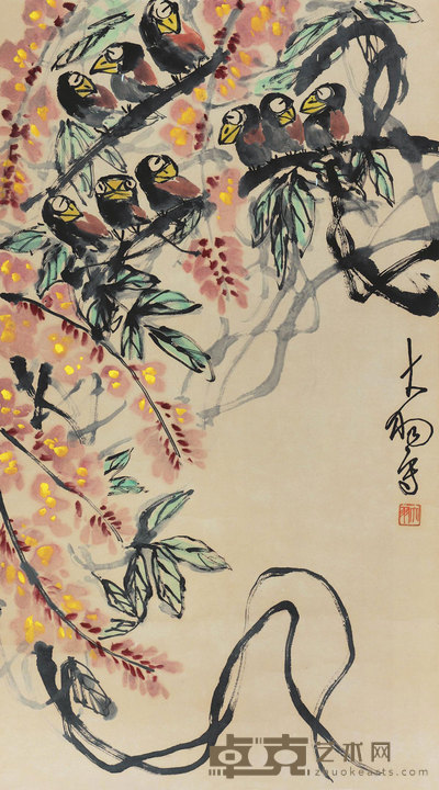 陈大羽 紫藤栖禽 镜心 88×49.5cm