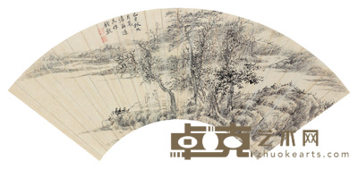 钱榖 1569年作 秋林对话 扇面 18×53cm
