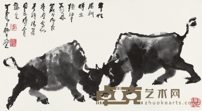 李可染 1988年作 双牛图 立轴 35×62cm