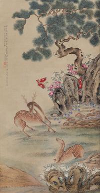 陆治 芝仙双鹿 立轴