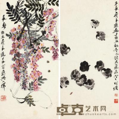 齐良迟 紫藤·群鸡 镜心 68×34cm×2