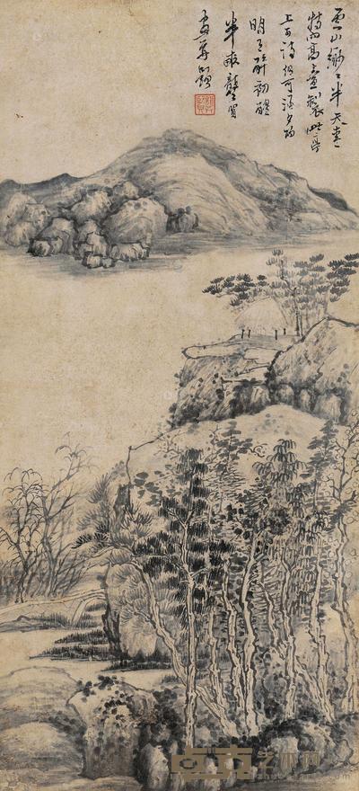 龚贤 疏林远岫 镜心 82×37cm