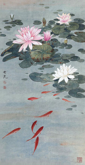田世光 荷花游鱼 镜心