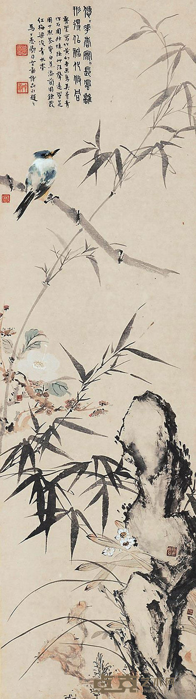 唐云 白蕉 周炼霞 马公愚 等 竹石幽雀 立轴 114×32cm