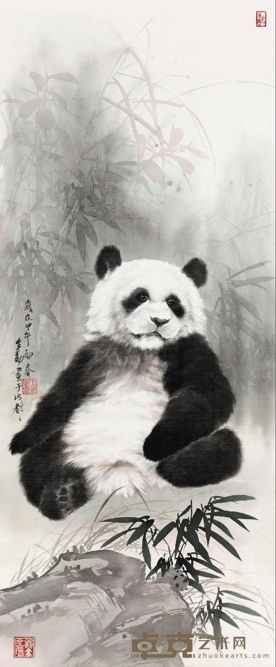 王申勇 2014年作 意笔熊猫图 镜心 90×37cm