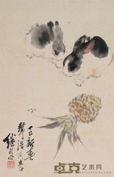 刘继卣 1977年作 双兔凤梨 镜心 61×40cm