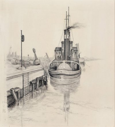 孙宗慰 1952年作 停泊在天津新港码头的拖轮