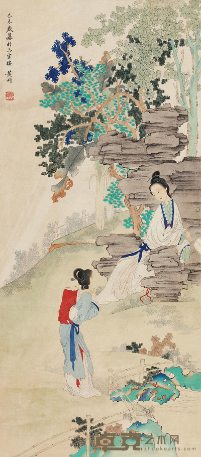 黄均(古) 庭院嬉戏图 立轴 91×43cm