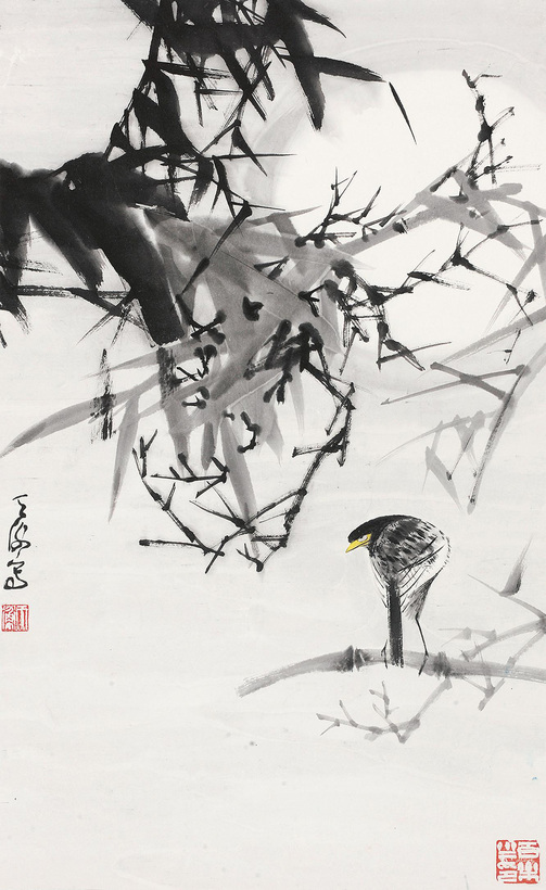 韩天衡 竹月小鸟 立轴
