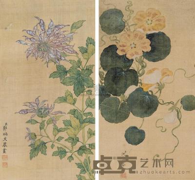 沈济 郭炳文 1901年作 花卉 立轴 29×15cm×2