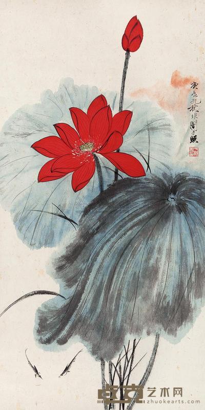 于非闇 1940年作 红荷 镜心 91×46cm