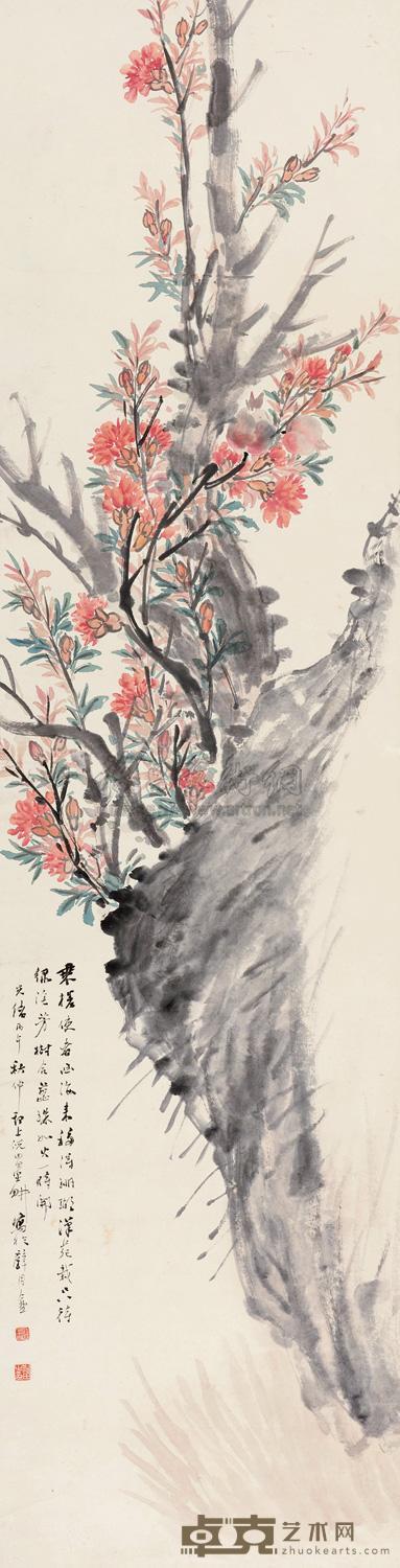 倪田 1876年作 花卉 立轴 149×38cm