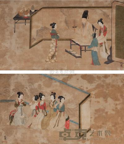 仇英 （款） 仿韩熙载夜宴对屏 立轴 30×52cm×2