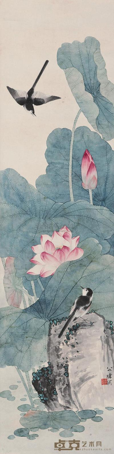 田世光 幽禽清荷 立轴 130×33cm