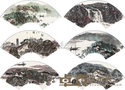胡振昆 山水 (六帧) 扇面 19.5×53cm×6