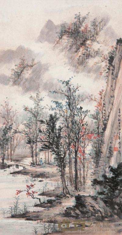 黄君璧 1951年作 秋林策杖 镜心 56×29cm
