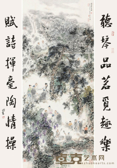 王明明 2007年作 西园雅集 镜心 画152×66cm；书法152×20cm×2