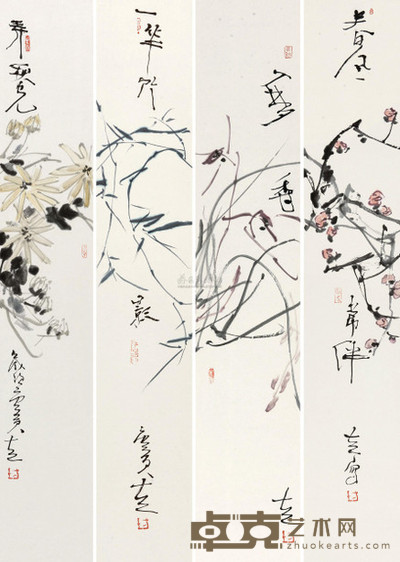 方土 2010年作 梅兰竹菊 四屏 137×23cm×4