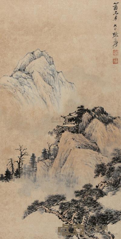 张大千 层峦幽寺 镜片 60×30cm