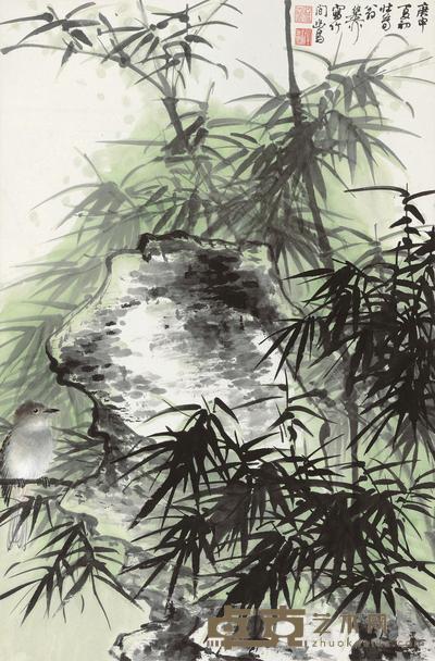 谢稚柳 1980年作 竹间幽鸟 立轴 69×45cm