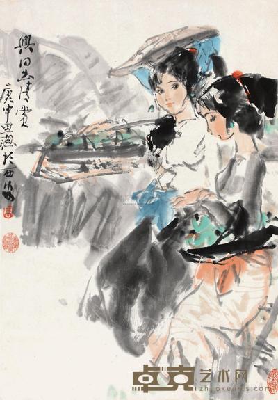 周思聪 1980年作 蕉荫双美 镜心 66×46cm