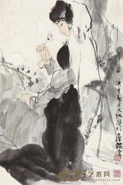 周思聪 1980年作 拈花少女 立轴 64×42cm