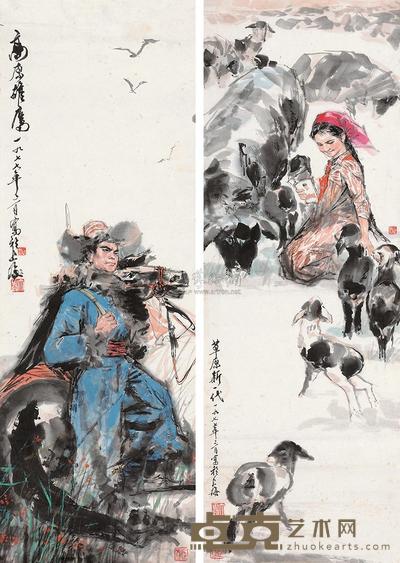 施大畏 1977年作 草原新一代·高原雄鹰 镜心 84×30cm×2