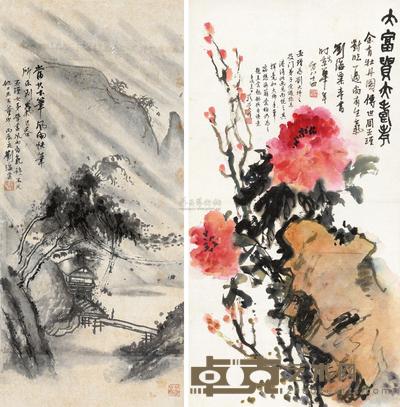刘海粟 周亚瑾 风雨图 大富贵亦寿考 镜心 109×49cm;99×51cm
