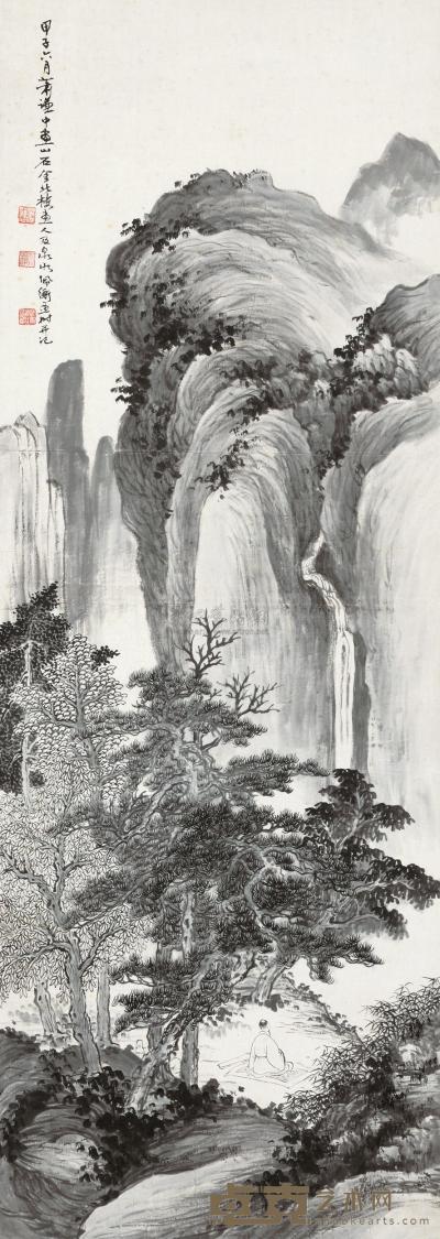 萧谦中 金城 胡佩衡 1924年作 听泉高士 镜心 123×43cm