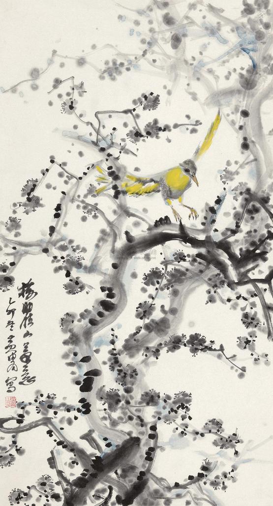 黄胄 1975年作 繁林黄雀 镜心