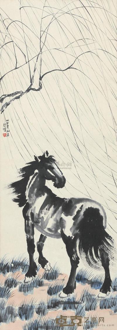 徐悲鸿 1936年作 柳荫立马 立轴 105×37cm