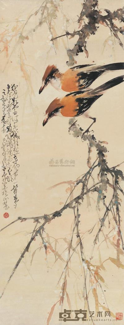 赵少昂 1939年作 柳枝双鹂 镜心 98×37cm