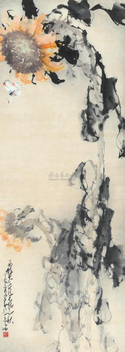 赵少昂 1957年作 蛱蝶向阳花 镜心
