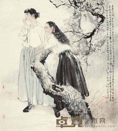 何家英 2001年作 梅花双清 镜心 168×151cm