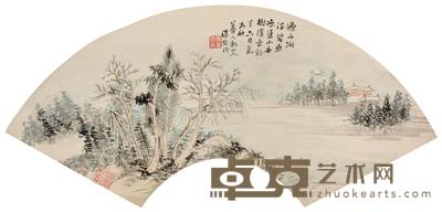 汤贻芬 松荫垂钓 扇面 20×55cm