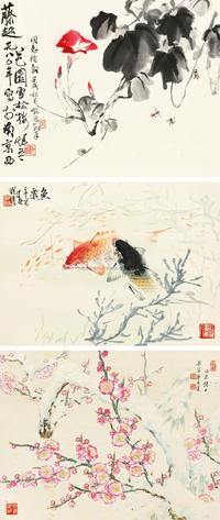 叶炬吾 潘觐缋 唐原道 花鸟 （三帧） 镜心