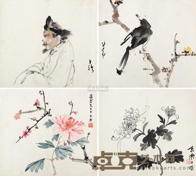 赵少昂 何香凝 黄少强 花鸟人物 (四帧) 镜心 28×32cm×4