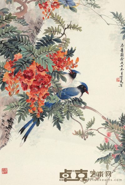 钟质夫 红花双栖 镜心 66×44cm