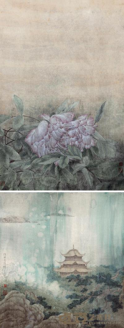 江宏伟 花卉·岳阳楼 镜心 64×42cm；46×43cm