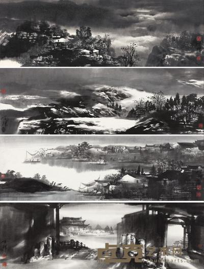 陈辉 山水 四屏镜心 23×69.5cm×4