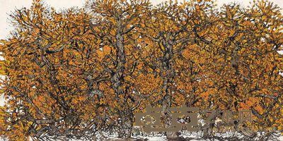 陈新华 金秋胡杨响驼铃 镜心 69×137cm